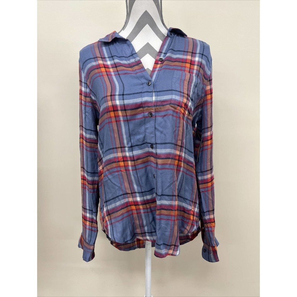 NWT Women's Lucky Brand Plaid Top, Size Medium Blue, Pink, Curved Shirttail Hem